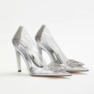 Good American Cinderella Crystal Jeweled Point Toe Clear Translucent Pump Heel